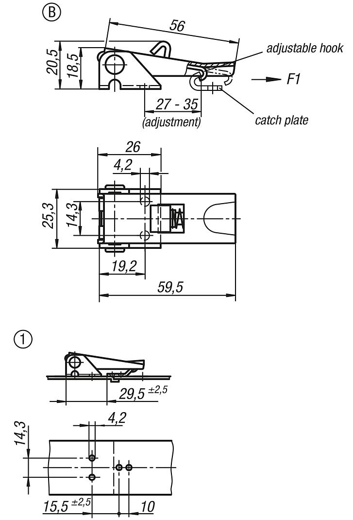 Latches, steel or stainless steel, with adjustable metal plate hooks for up to 1000N, fastening holes concealed, short version, Form B, with lock