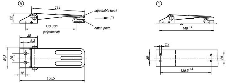 Latches, steel or stainless steel, with adjustable metal plate hooks for up to 4000N, fastening holes visible, long version, Form A, standard
