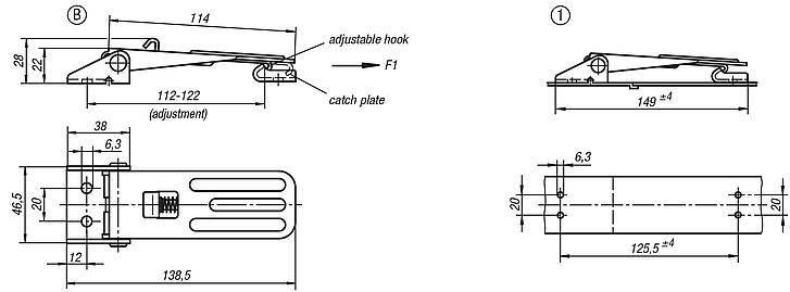 Latches, steel or stainless steel, with adjustable metal plate hooks for up to 4000N, fastening holes visible, long version, Form B, with lock