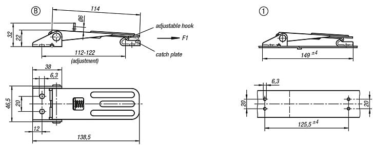 Latches, steel or stainless steel, with adjustable metal plate hooks for up to 4000N, fastening holes visible, long version, Form C, with padlock bracket