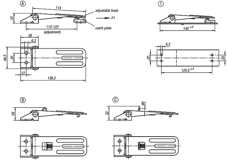 Latches, steel or stainless steel, with adjustable metal plate hook for up to 4000N, fastening holes visible, long version