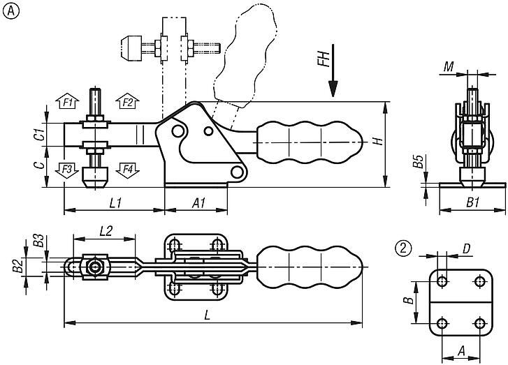 Toggle clamps, steel, black, horizontal with horizontal foot and adjustable clamping spindle, Form A, small