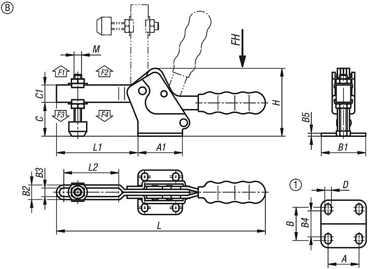 Toggle clamps, steel, black, horizontal with horizontal foot and adjustable clamping spindle, Form B, medium