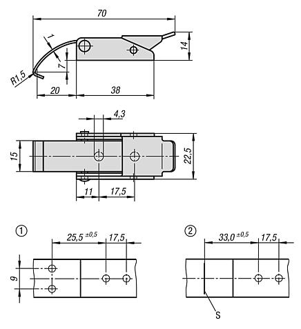 Latches, steel or stainless steel, with spring clip for up to 500N, fastening holes concealed