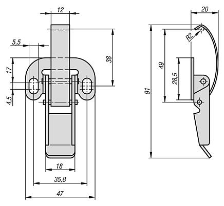 Latches, steel or stainless steel, with spring clip for up to 1300N, fastening holes on the side