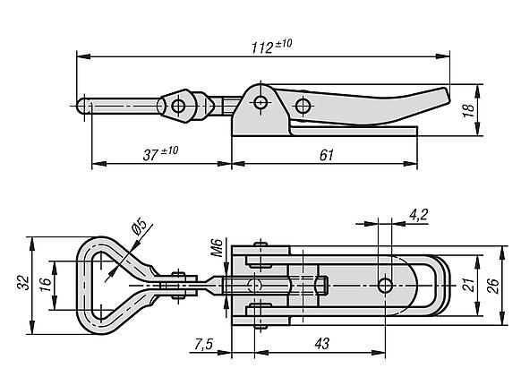 Latches, steel or stainless steel, with adjustable triangular swing bail for up to 1000N, fastening holes visible