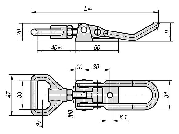 Latches, steel or stainless steel, with adjustable triangular swing bail for up to 6500N, fastening holes visible