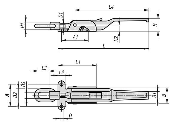 Latches, steel, with adjustable draw bail for up to 30500N, fastening holes on the side, heavy-duty version