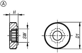 Knurled knobs for hex head screws, Form A