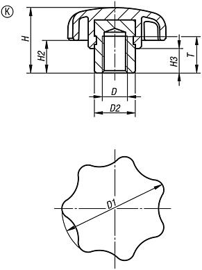 Star grips, plastic, optically detectable with protruding steel bush, Form K, with tapped bush