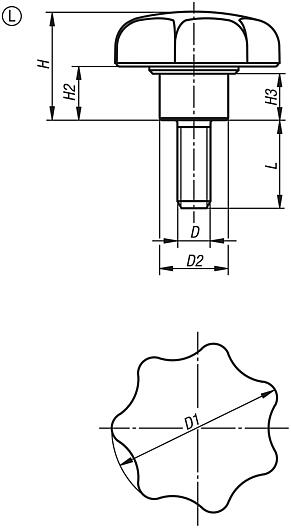 Star grips, plastic, optically detectable with protruding steel bush, Form L, with external thread