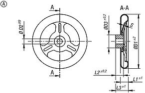 Spoked handwheels, sheet steel, Form A 3 spokes