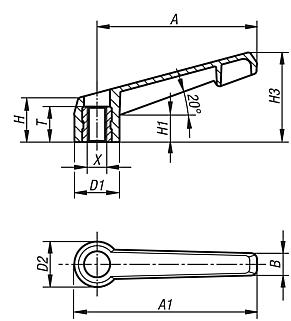 Clamping levers, plastic, non-adjustable with internal thread, threaded insert blue passivated steel