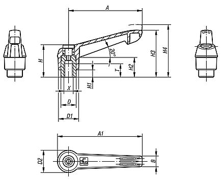 Clamping levers, plastic, with internal thread and zinc toothed ring, threaded insert, stainless steel, inch - inch