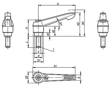 Clamping levers, plastic, with external thread and zinc toothed ring, threaded insert stainless steel - inch