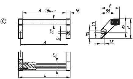 Tubular handles, aluminium with aluminium grip leg, oblique, Form C