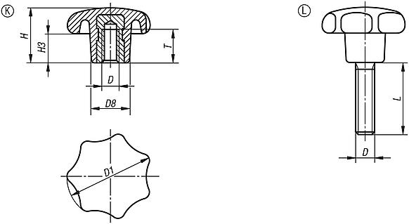 Star grips similar to DIN 6336 metal parts stainless steel