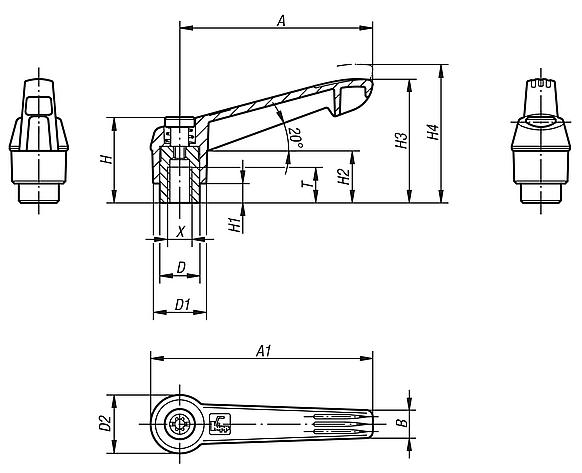 Clamping levers, plastic, with internal thread and zinc toothed ring , thread insert stainless steel