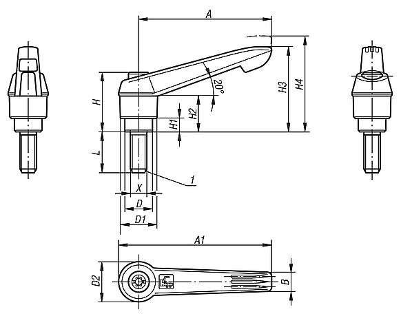 Clamping levers, plastic, antibacterial with external thread, threaded insert stainless steel