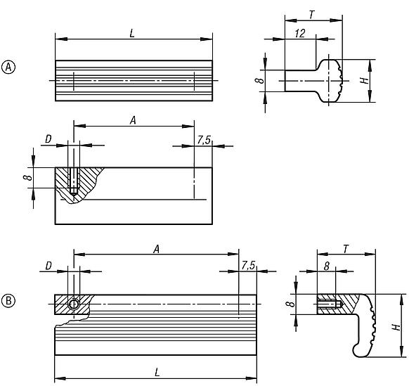Ledge handles, aluminium, ribbed