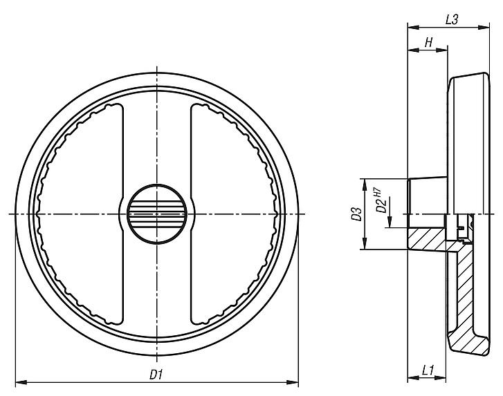 2-spoke handwheels, aluminium, without grip, Form E with reamed hole