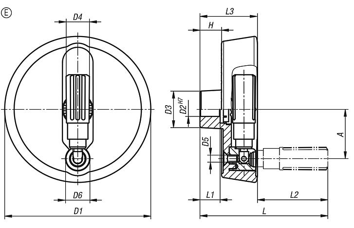 Disc handwheels, aluminium with fold-down cylindrical grip, Form E with reamed hole