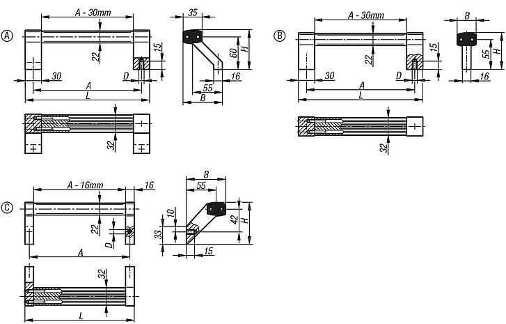 Tubular handles, aluminium with aluminium grip legs
