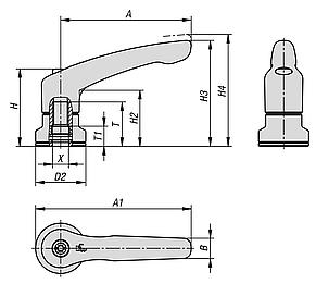 Clamping levers, die-cast zinc with internal thread and clamping force intensifier, threaded insert stainless steel