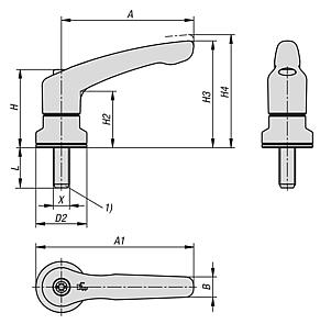 Clamping levers, die-cast zinc with external thread and clamping force intensifier, satin finish, threaded insert black oxidised steel