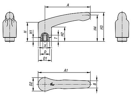 Clamping levers, plastic, visually detectable with internal thread, threaded insert stainless steel