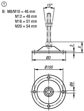 Levelling feet platessteel or stainless steel, Form B