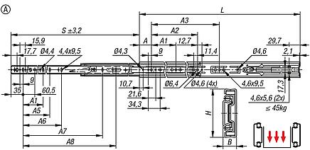 Telescopic slides, steel
for side mounting, full extension, load capacity up to 50 kg, Form A