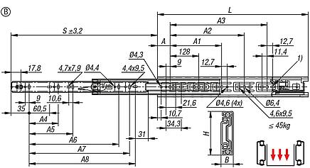 Telescopic slides, steel
for side mounting, full extension, load capacity up to 50 kg, Form B