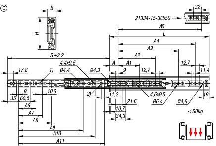 Telescopic slides, steel
for side mounting, full extension, load capacity up to 50 kg, Form C