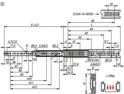 Telescopic slides, steel for side mounting, full extension, load capacity up to 50 kg, Form D