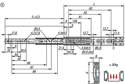 Telescopic slides, steel
for side mounting, full extension, load capacity up to 50 kg, Form E