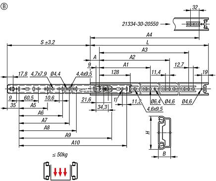 Telescopic slides, steel for side mounting, partial extension, load capacity up to 50 kg, Form B