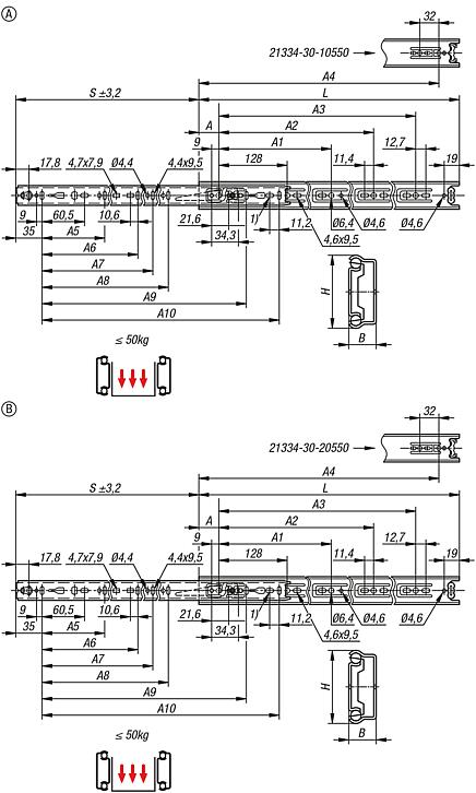 Telescopic slides, steel for side mounting, partial extension, load capacity up to 50 kg