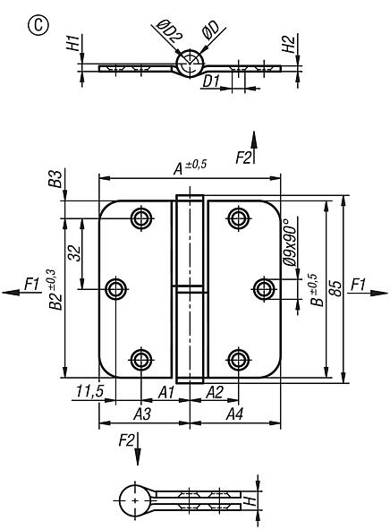 Strap hinges, steel or stainless steel, Form C, right-hand version