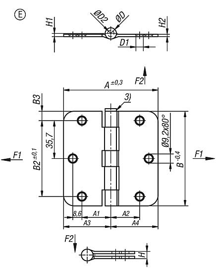 Strap hinges, steel or stainless steel, Form E, rectangular