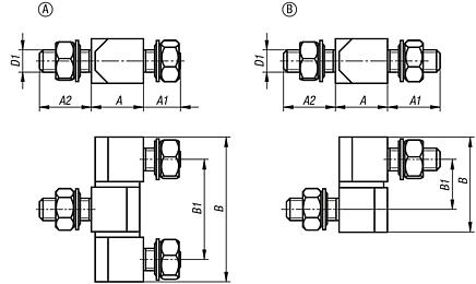 Block hinges with fastening nuts