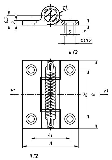 Spring hinges aluminium profile, 0.7 Nm