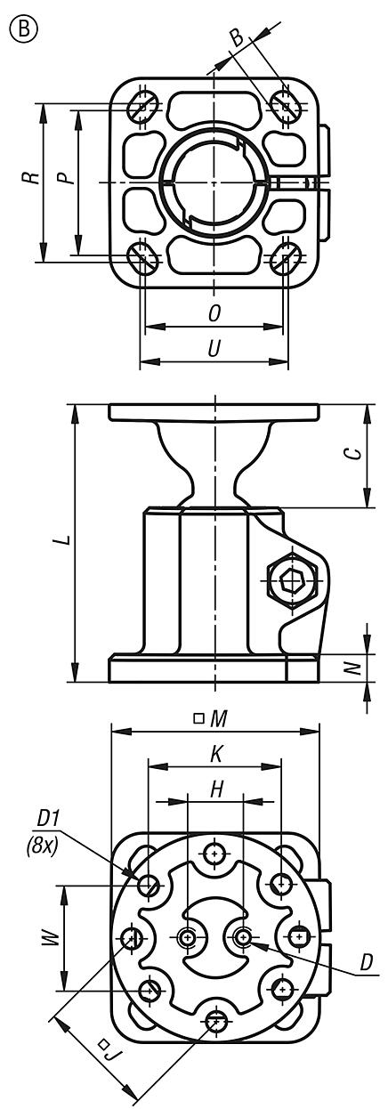 Tube clamps base, aluminium with ball joint, Form B