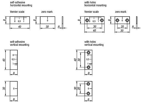 Nonius and zero reference, aluminium, self-adhesive or with holes
