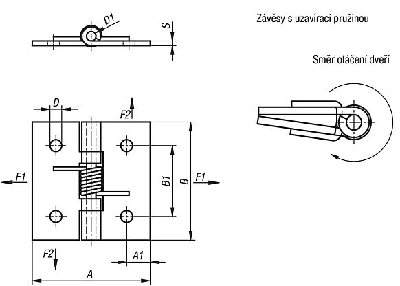 Pružinové závěsy z oceli, nerezové oceli nebo hliníku 50 mm, pružina uzavírací