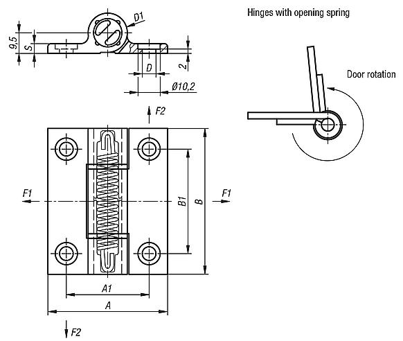 Spring hinges aluminium profile, 0.7 Nm, spring open