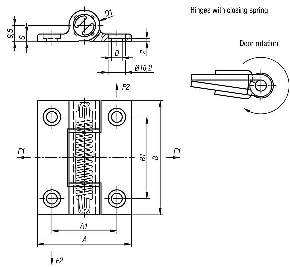 Spring hinges aluminium profile, 0.7 Nm, spring closed