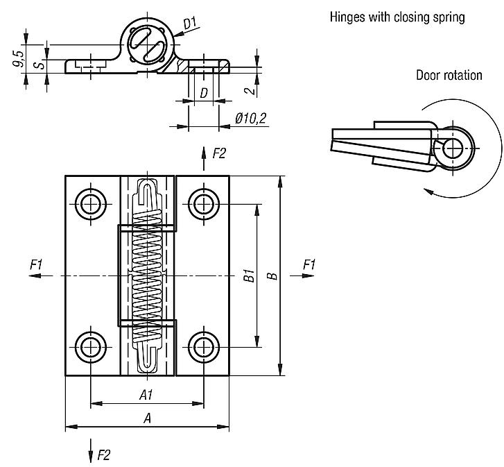 Spring hinges aluminium profile, 1.3 Nm, spring closed