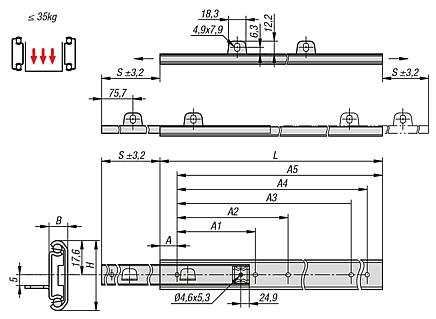 Telescopic slides, steel for surface mounting, partial extension both sides, load capacity up to 35 kg