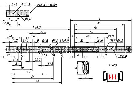 Telescopic slides, steel for side mounting, full extension, load capacity up to 45 kg